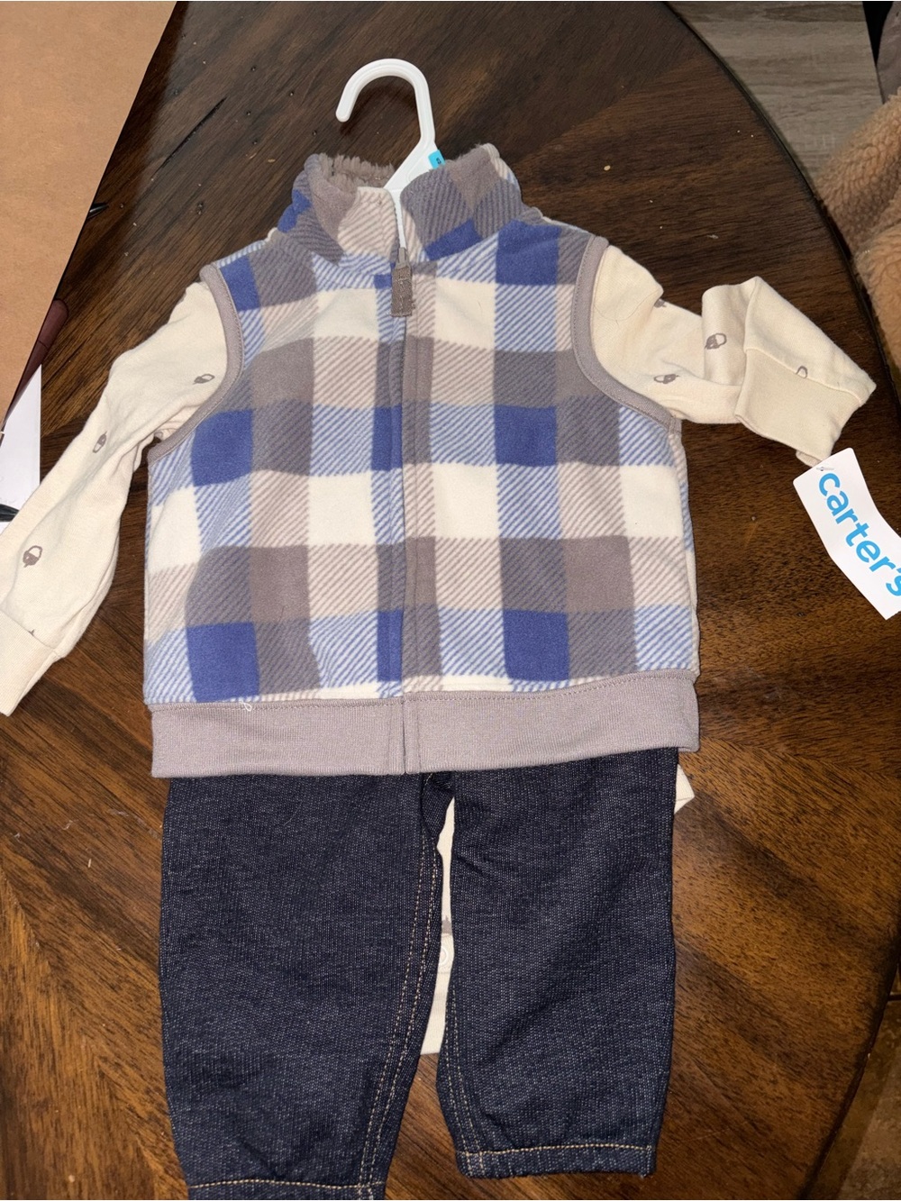 Carter's Blue, Gray & Cream Plaid Fleece Vest Set